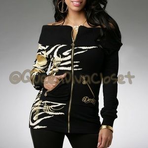 Black zip off shoulder long sleeve top sweater L